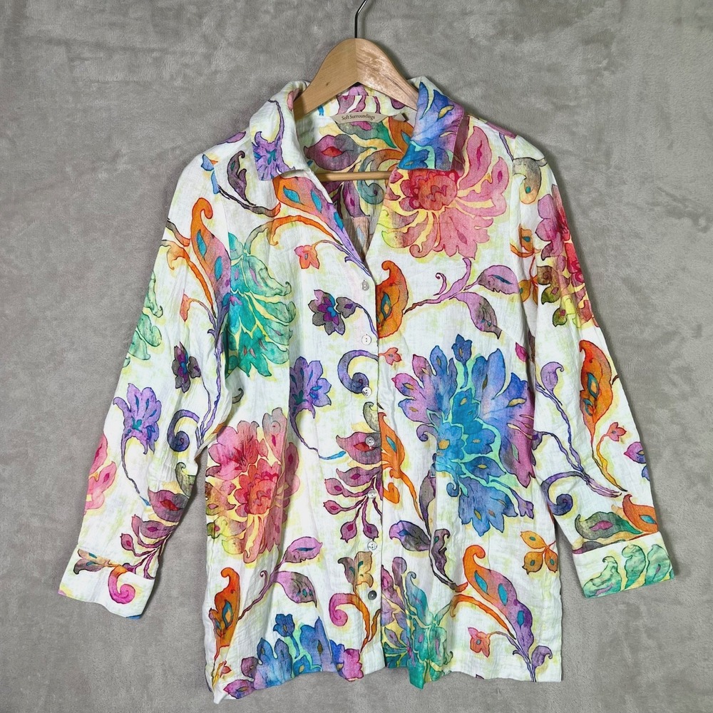 Soft Surroundings Shirt PS Escambia Gauze Painterly Floral Beach Coastal Tunic